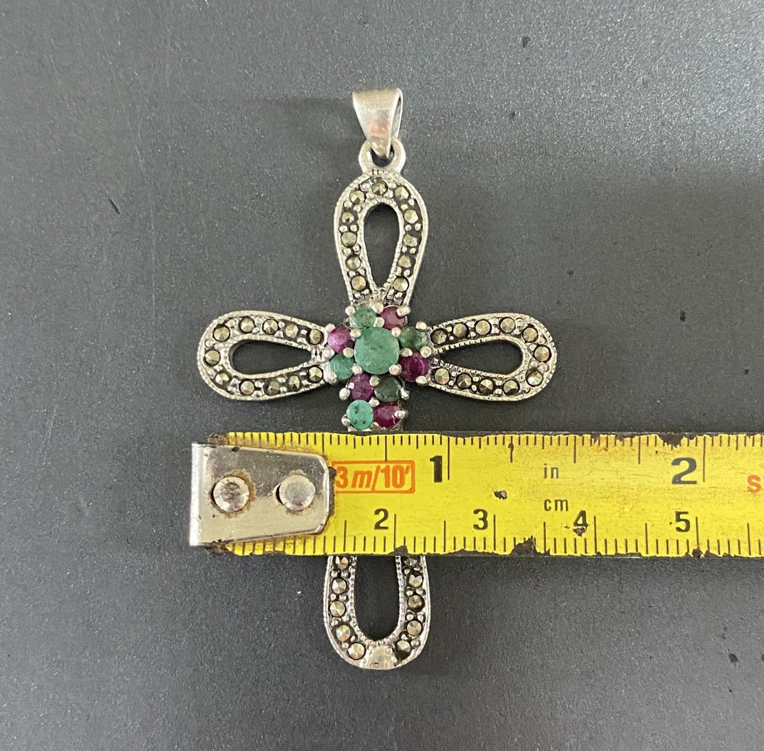 Sterling Silver Cross Pendant Large 925 Emerald Ruby Marcasite Gothic Religious