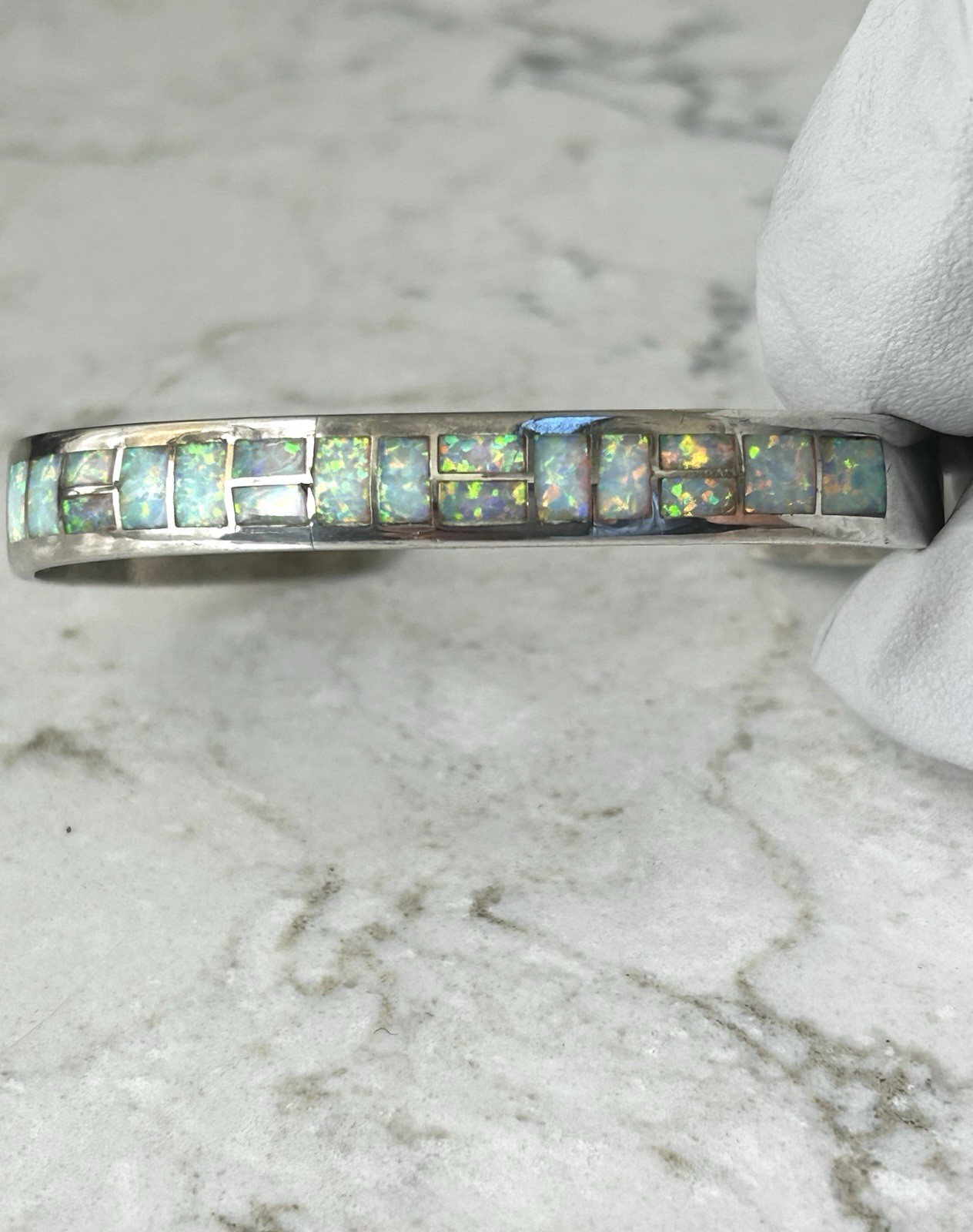 Sterling Silver Opal Inlay Cuff Bracelet – Iridescent Blue-Green