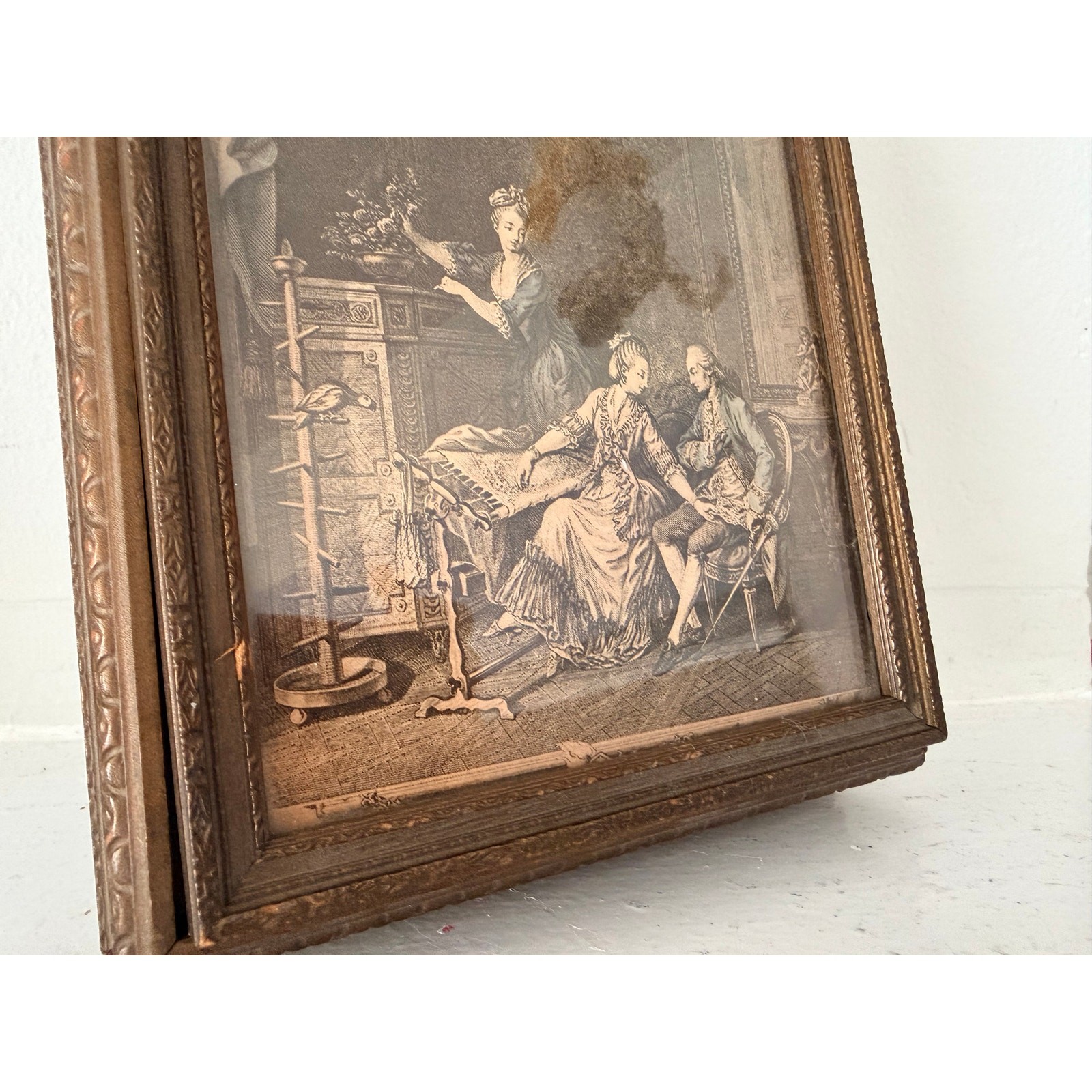 Antique Wood Jewelry Box French Salon Engraving Lid Mirror Compartments 1920s