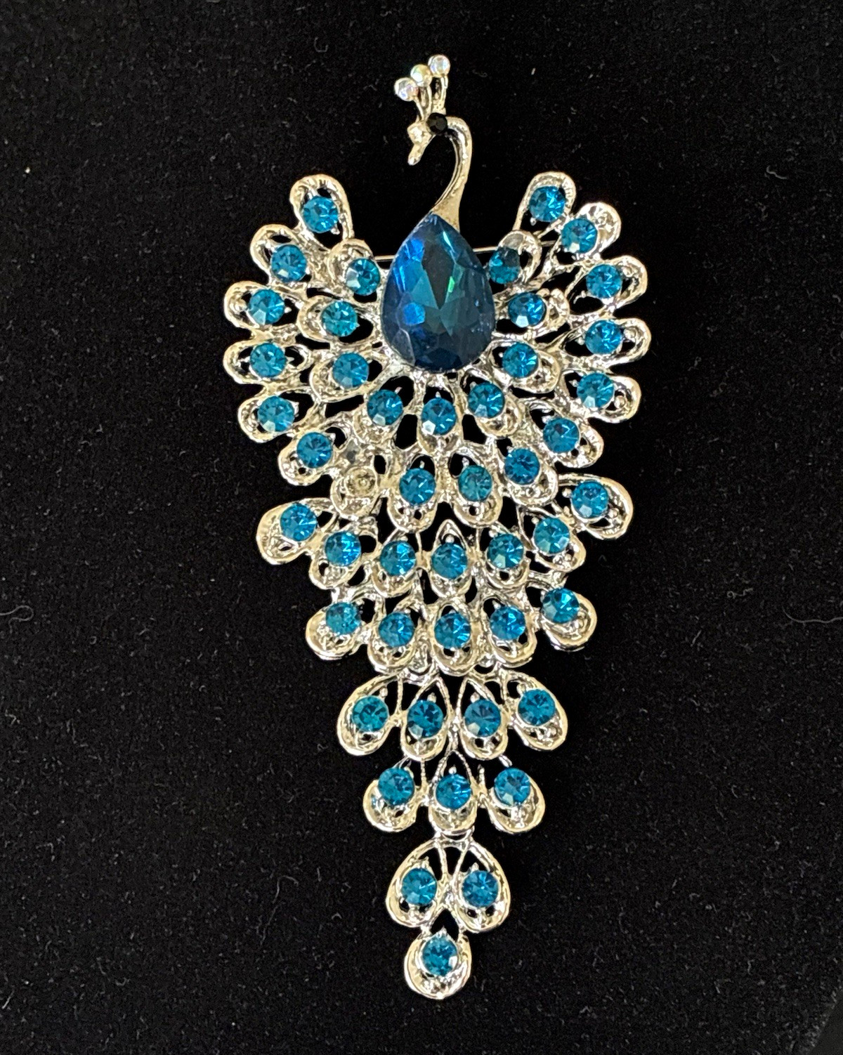 Peacock Bird Brooch Pin Silver Tone Metal Blue Rhinestone Crystal Teardrop