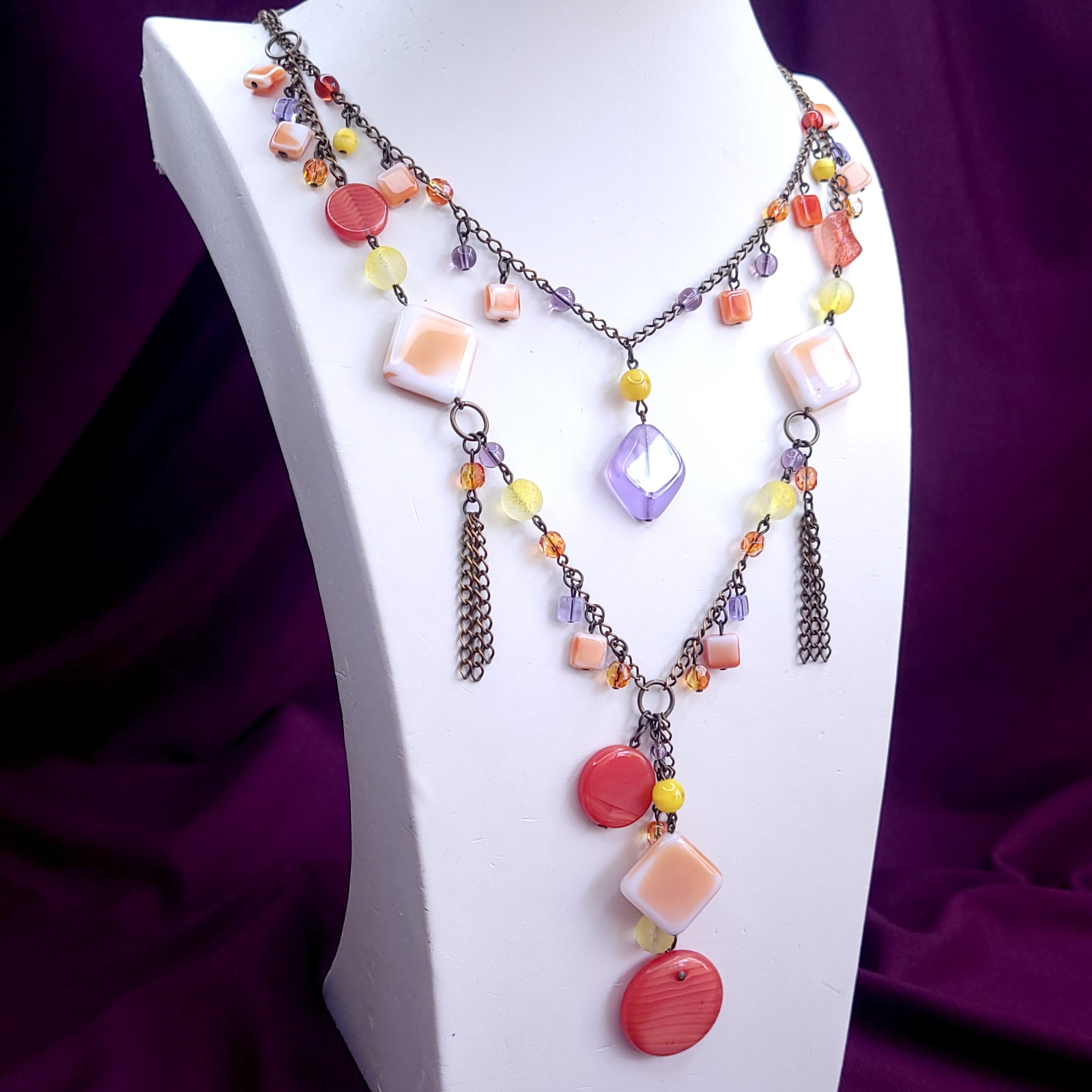 Necklace 24″ Red Orange Glass Czech Beads Vintage Style
