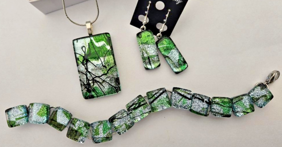 Handcrafted Silver, Green, Black Fused Dichroic Glass Pendant, Earring, Bracelet
