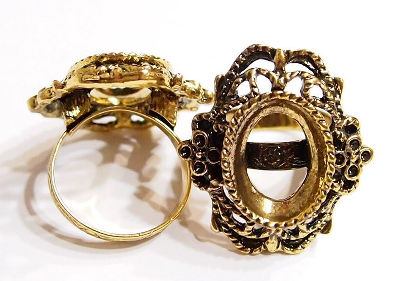 6 of 18x13mm Antique Gold Victorian Deco Lacy Flowers Adjustable Ring Settings
