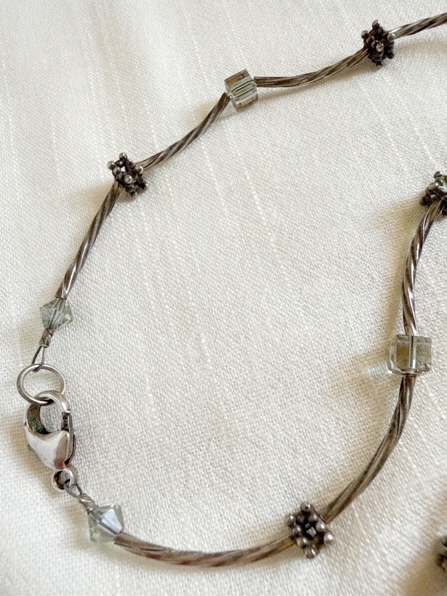 Necklace Liquid Silver Twisted Cable Wire Clear Crystal Cube Beads Vintage