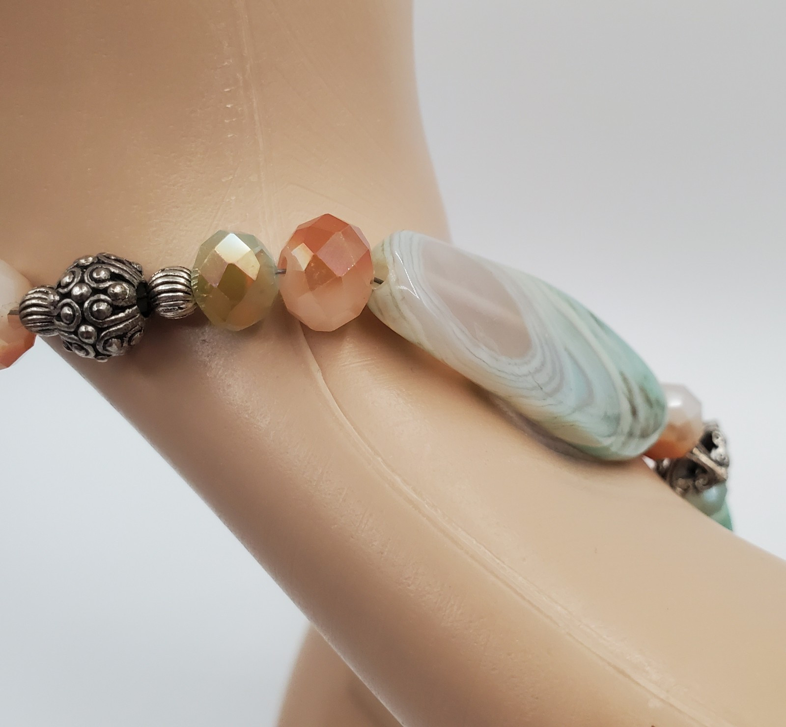 Banded Agate Stone Necklace 32in Peach Aqua Green Brown Polished Natural Beads