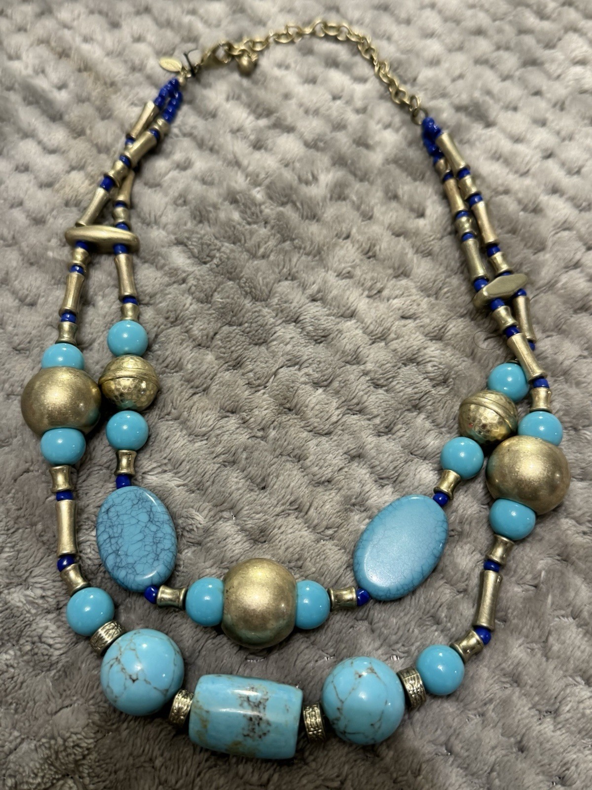 Chico’s Blue Turquoise Beaded Layered Statement Necklace Gold Tone Signed