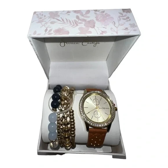 Jessica Carlyle Gold-Tone Brown Studded Strap Analog Watch & Bracelets New