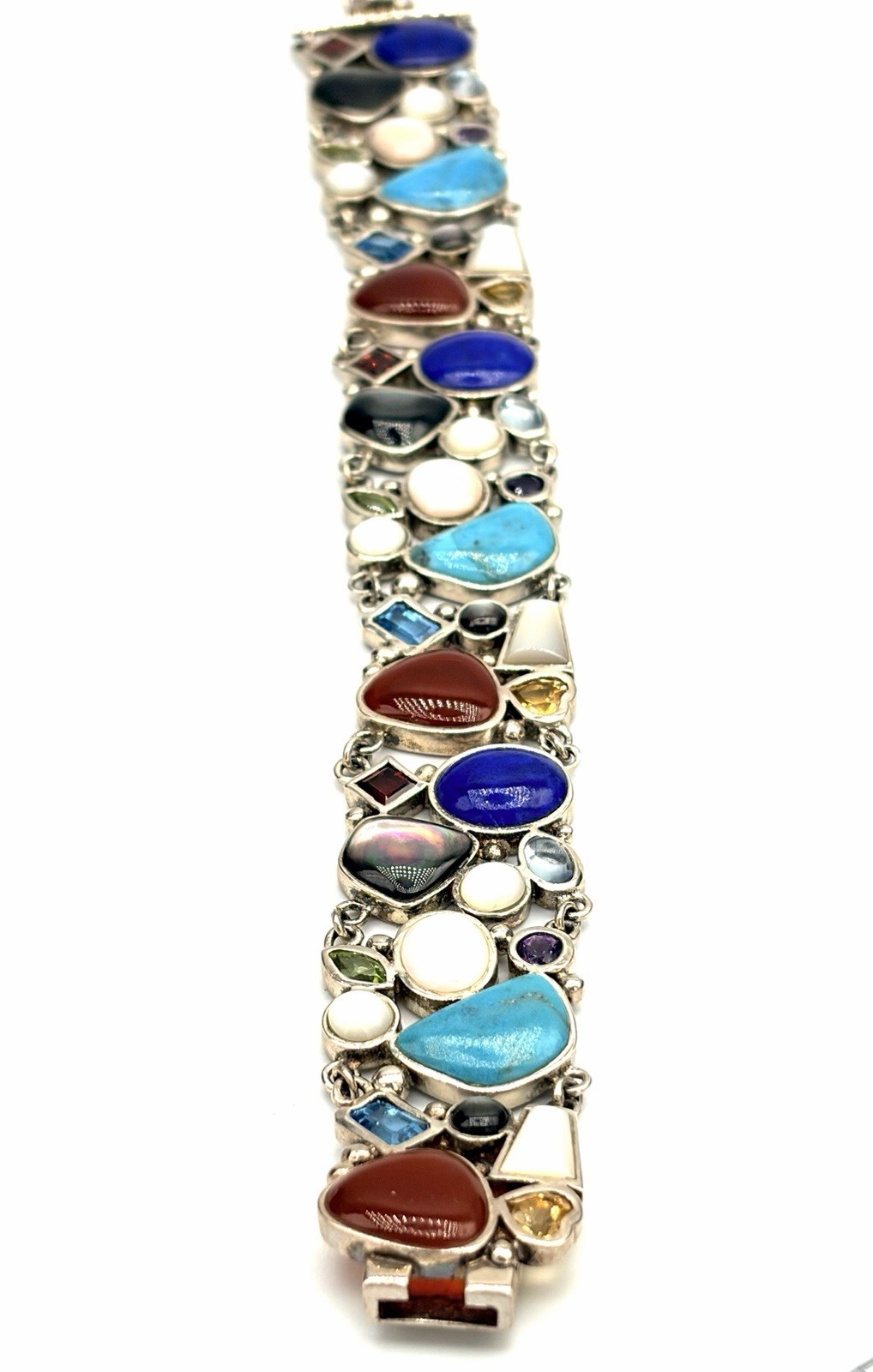 Multistone Sterling Silver Bracelet- Bohemian Colorful Gemstone Designer Signed