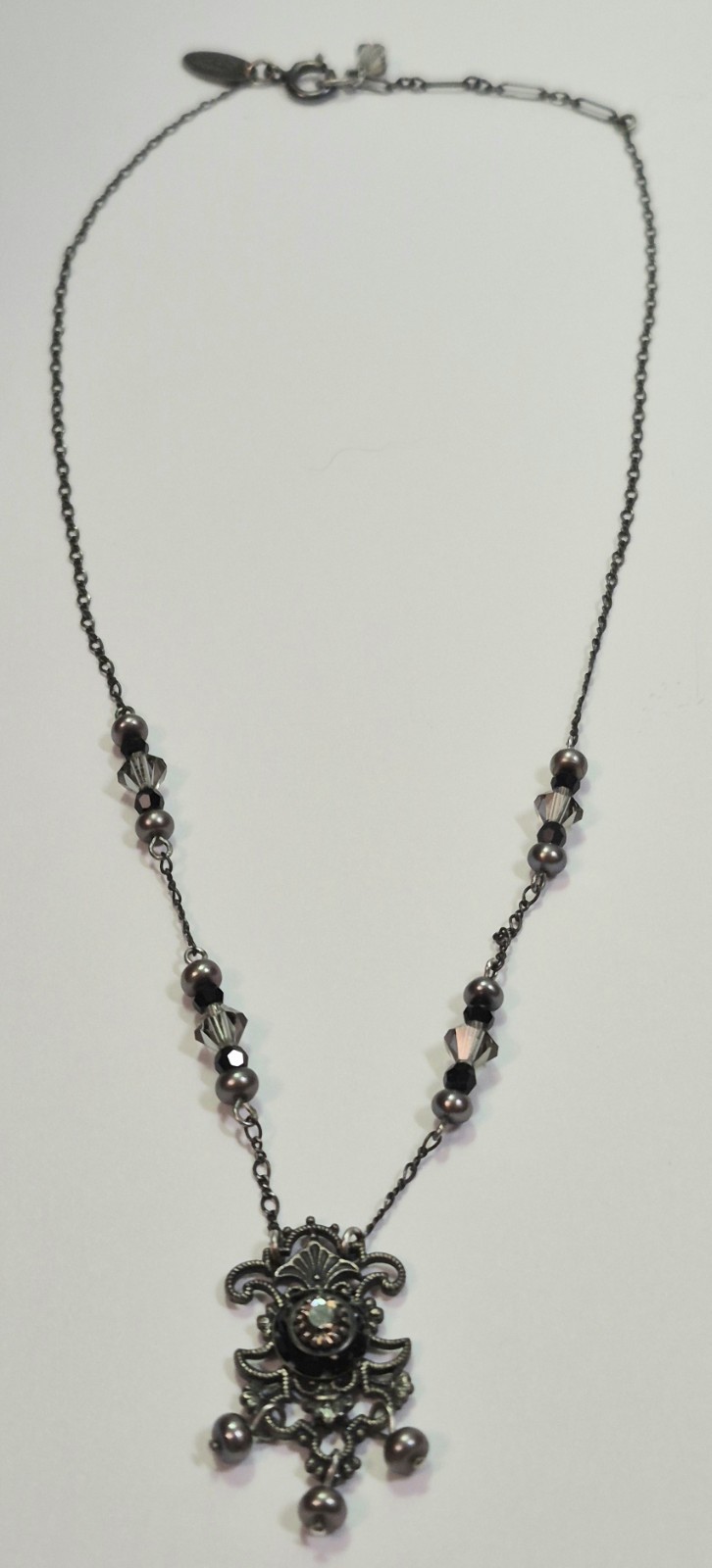 Vintage LIZ PALACIOS Necklace Dainty Crystal Pearl Black & Grey Delicate Signed