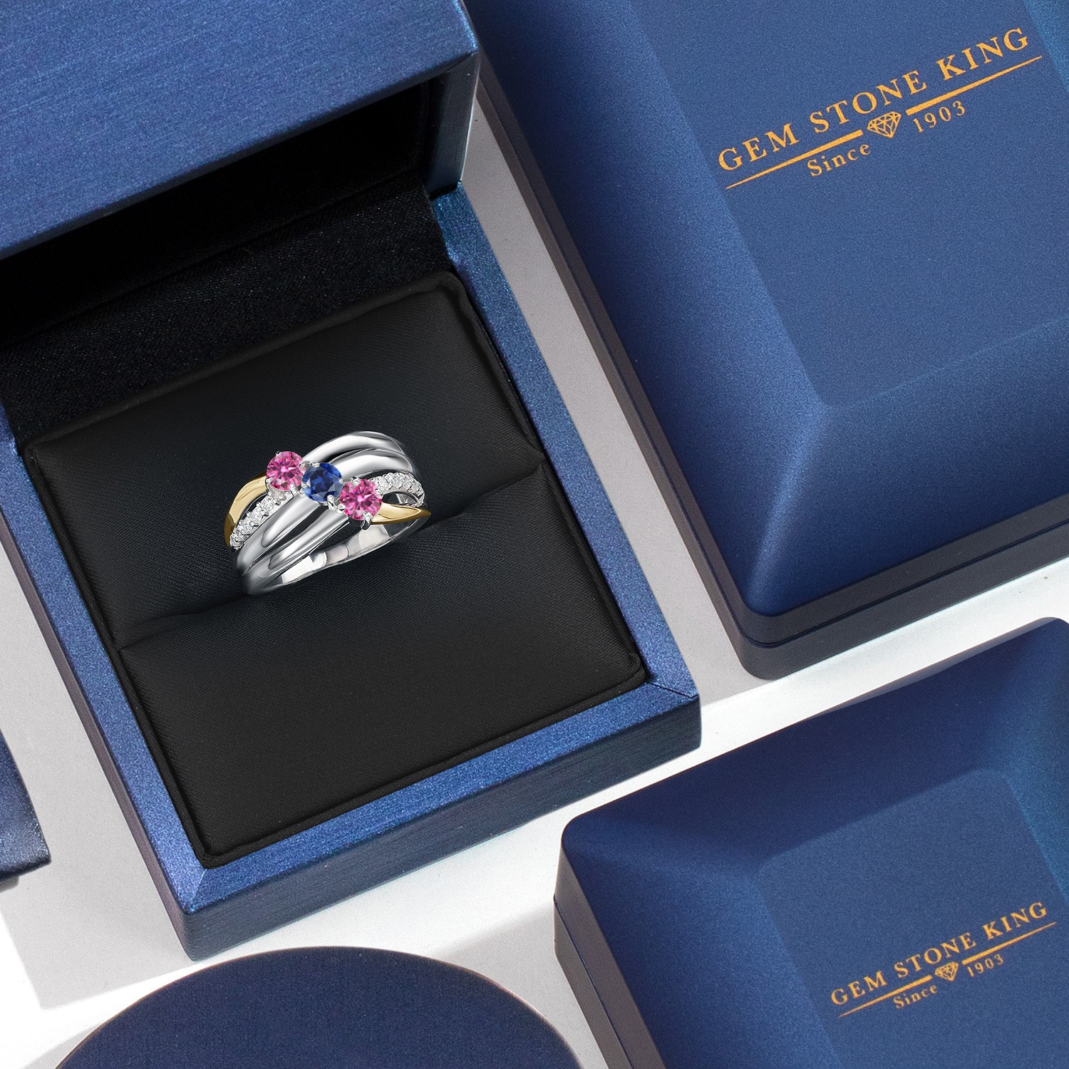 925 Silver and 10K Yellow Gold Pink Moissanite and Created Sapphire and Lab