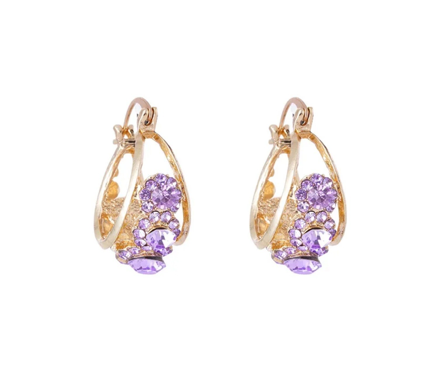 Gold Tone Teardrop Dangle Drop Earrings Leverback Purple Round Rhinestones
