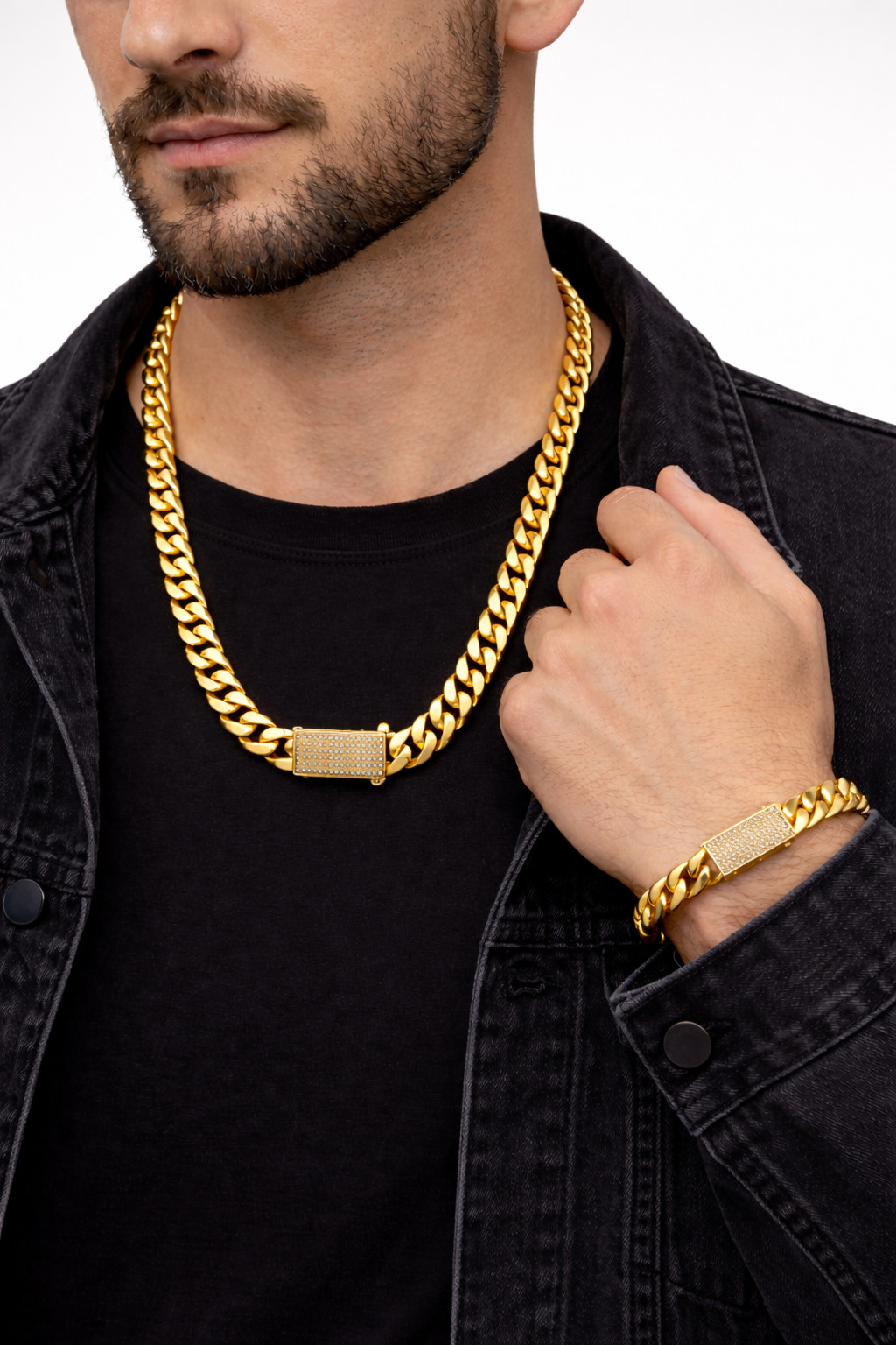 Italian 1/200 14k Yellow Gold Overlay Miami Cuban Iced CZ Chain Bracelet Set in