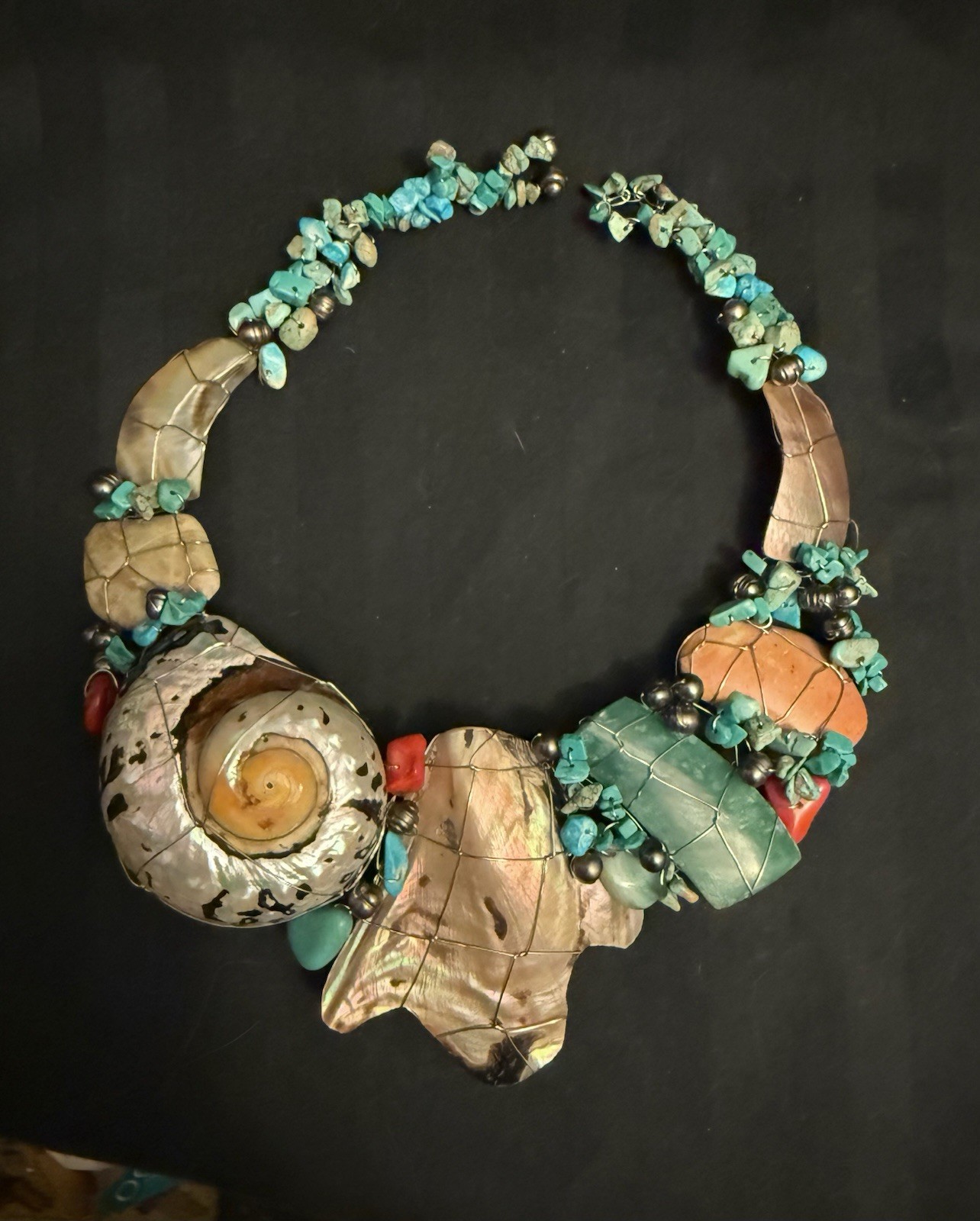 Nautilus Abalone Shell Turquoise & Beads Wire Wrapped Artisan Choker Necklace