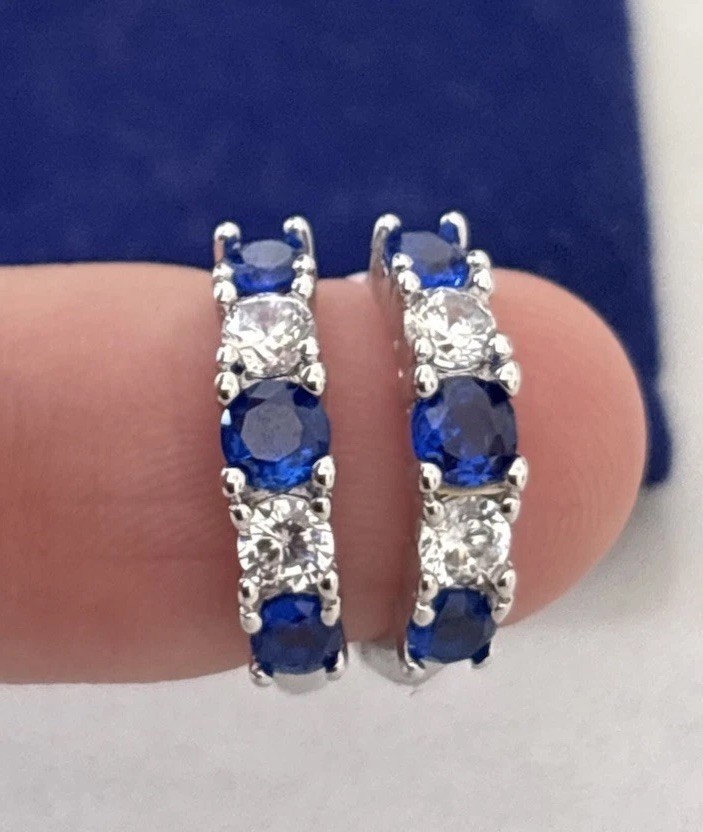 Sterling Silver Blue Sapphire CZ Huggie Hoop Earrings 925 Cubic Zirconia Gift