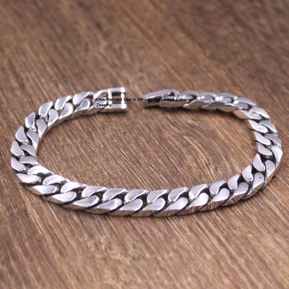 Pure S925 Sterling Silver Chain Men Women 8mm Curb Link Bracelet 34-35g 7.5inch