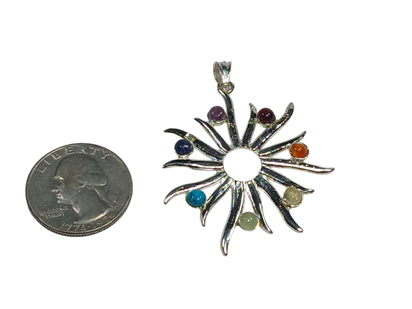 Pendant Multi Color Starburst Chakra Silver tone Turquoise Lapis and More