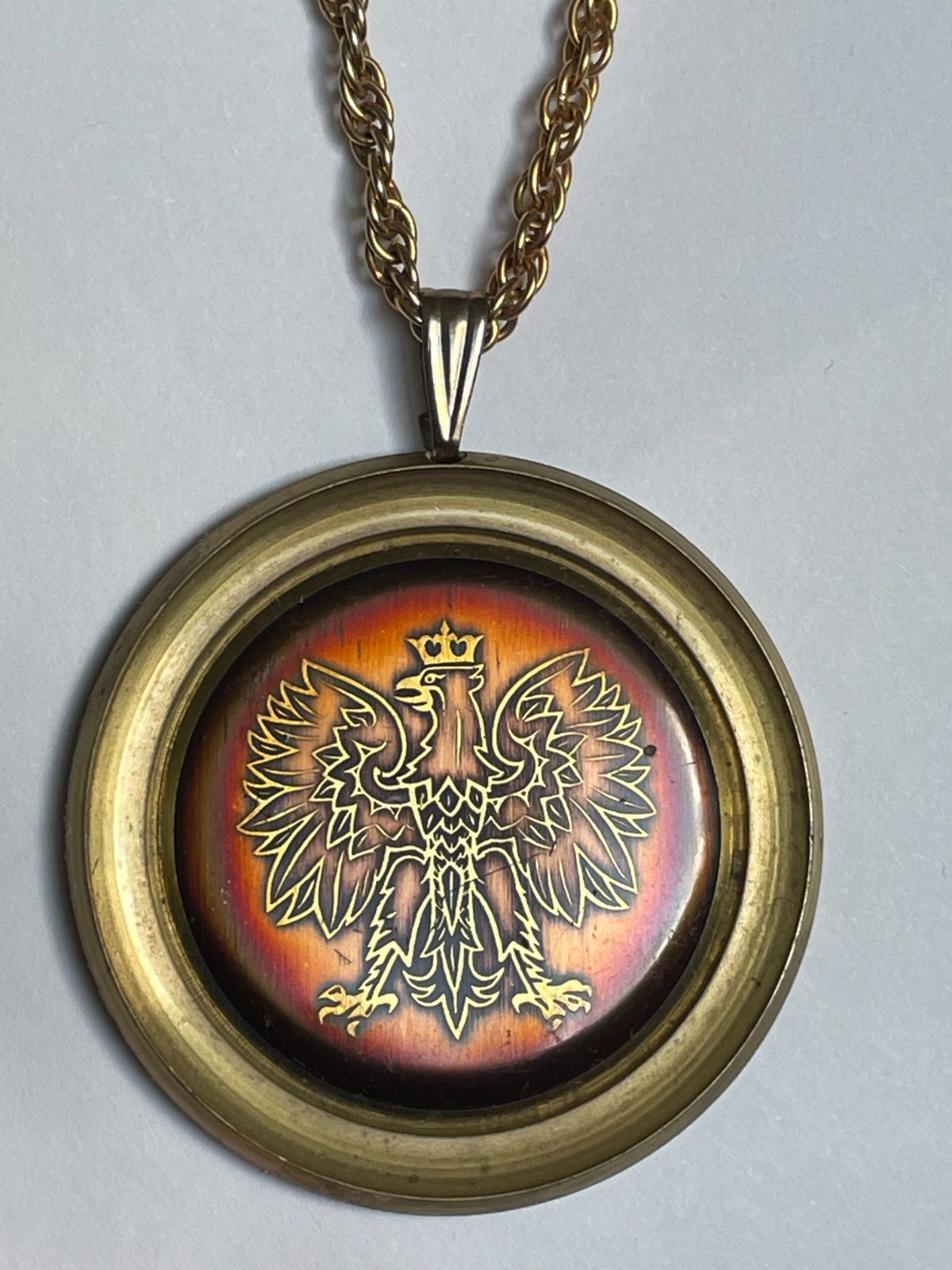 CROWNED POLISH EAGLE Vintage 1.75″ Brass Pendant on 24″ Chain Necklace, Poland