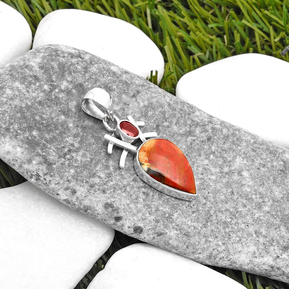 Natural Red Moss Agate & Garnet 925 Sterling Silver Pendant Jewelry P-1046
