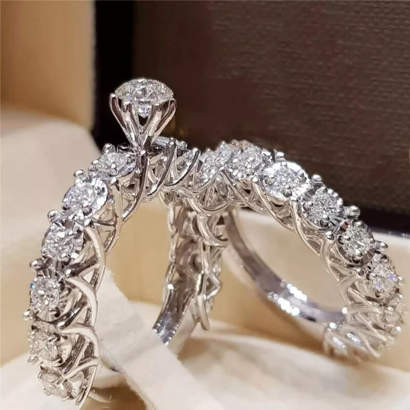 3Ct Round Cut Lab Created Diamond Wedding Bridal Set Ring 14K White Gold plated