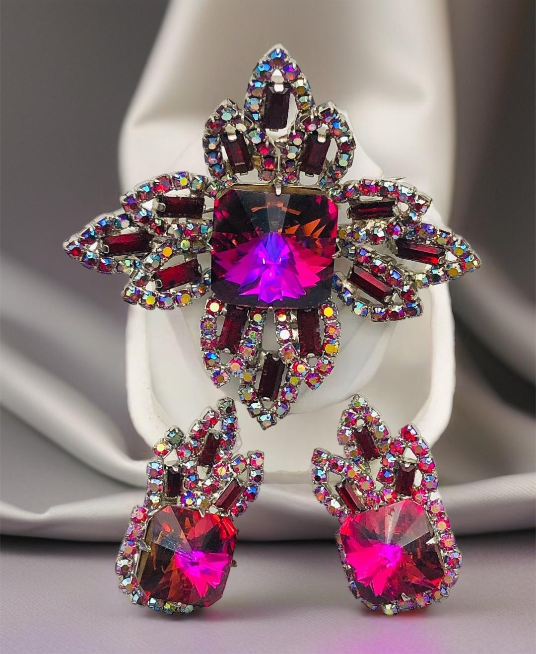 Silver-Tone, Mid Century, “Watermelon ” AB Rivoli Crystals Maltese Cross Set