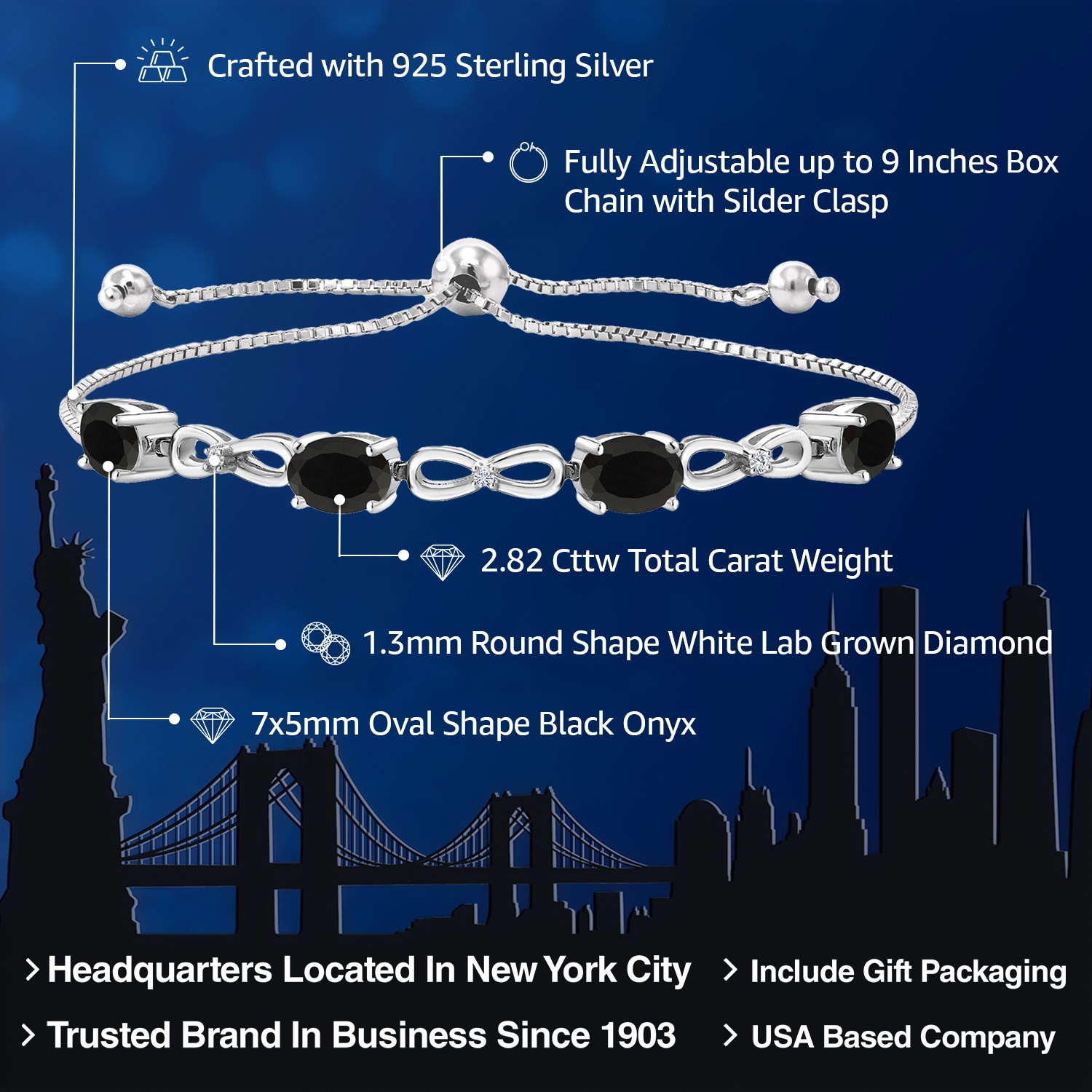 2.82 Cttw Onyx and White Lab Grown Diamond Tennis Bracelet For Women | 925