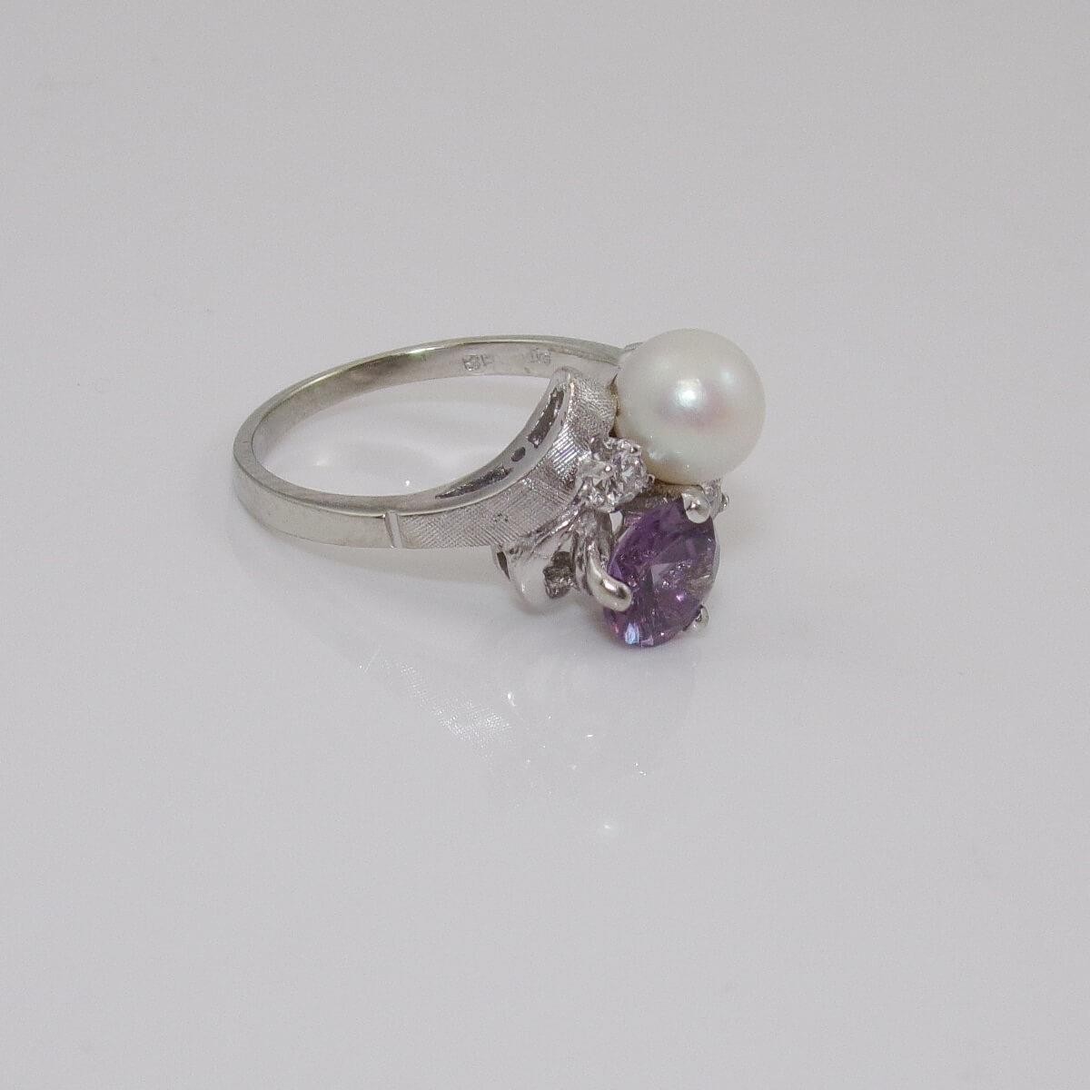 Vintage 10K White Gold Pearl Purple Sapphire White Spinel Ring Size 6