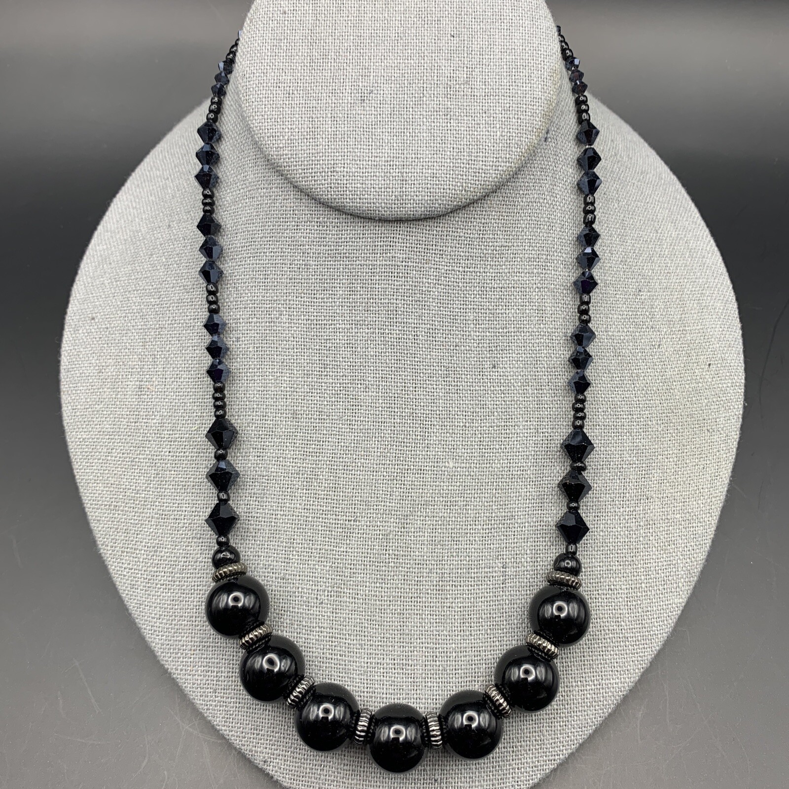 Beaded Necklace Black Dark Blue Navy Midnight Tone Glass Plastic