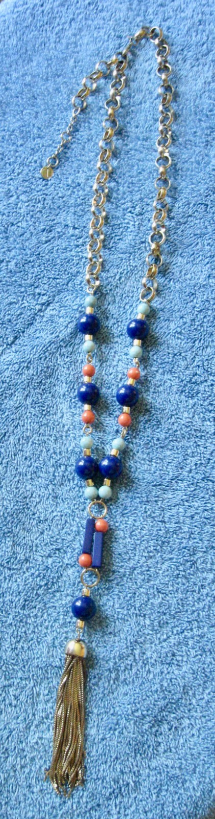 Chain & Beaded Orange & Blues Necklace “T” Logo 19″ Drop w/Metal Tassel Lobster