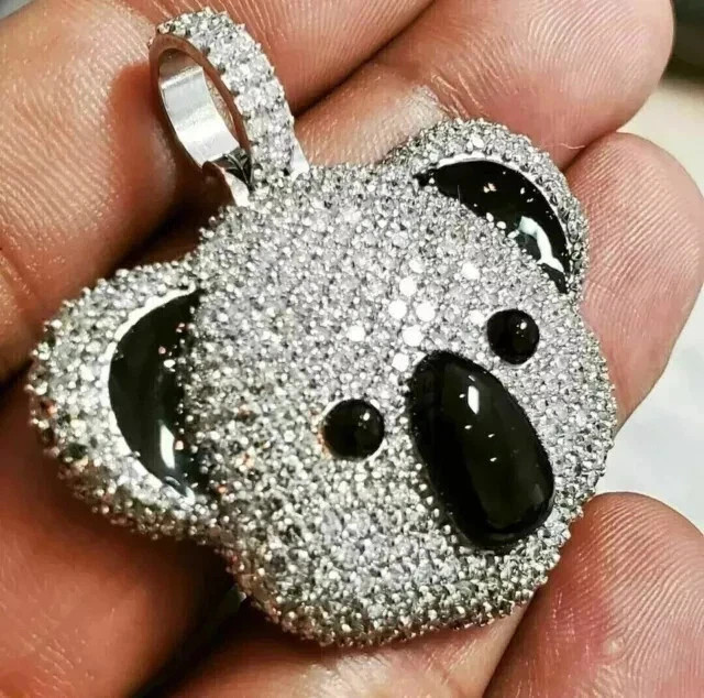 7Ct Round Cut White Moissanite Men’s Panda Pendant 14K White Gold Plated
