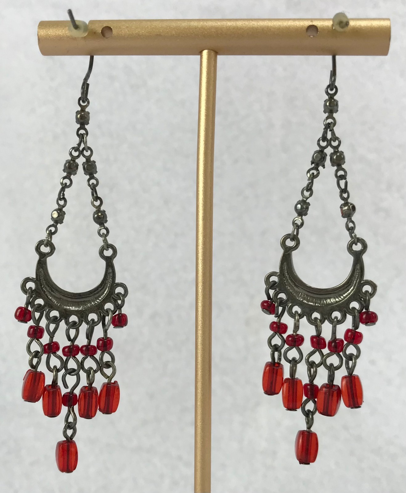 Vintage Silver Tone, 3″ Red Rhinestone, Teardrop Chandelier Earrings JWL-1372