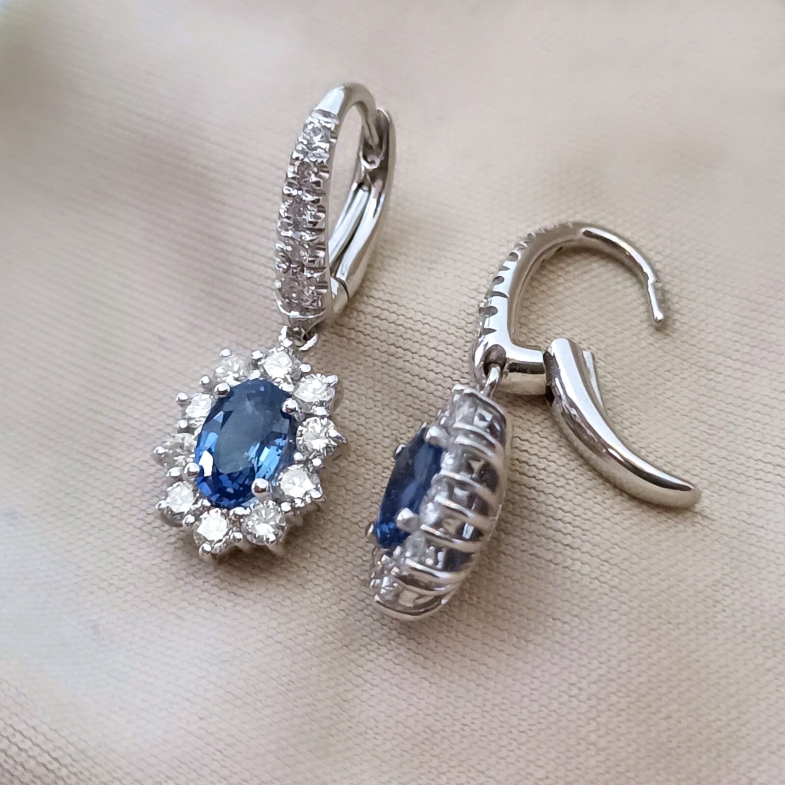 18kt White Gold Diamond Oval Blue Sapphire Nun Earrings