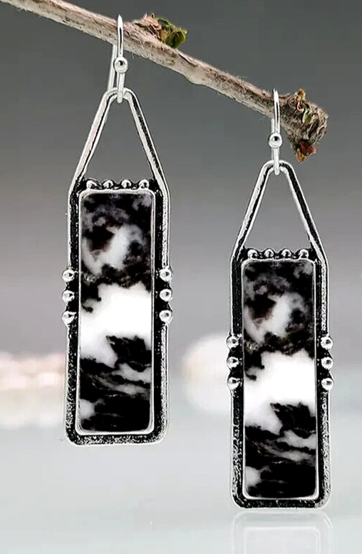 Black White Faux JASPER earring Silver Tone French Hook handcrafted XGET