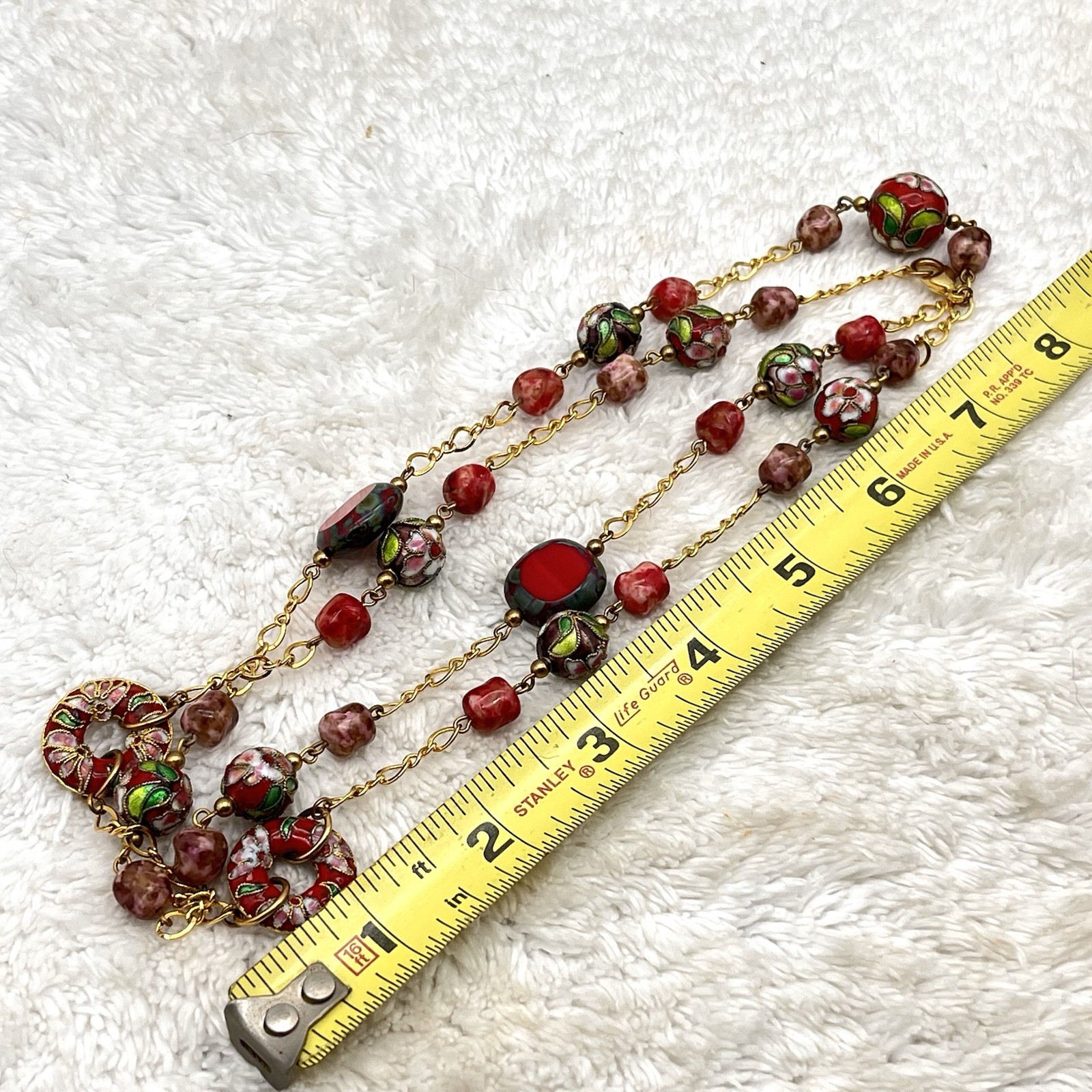 Cloisonne Necklace Red Beads Gold Tone Floral Flower 32″