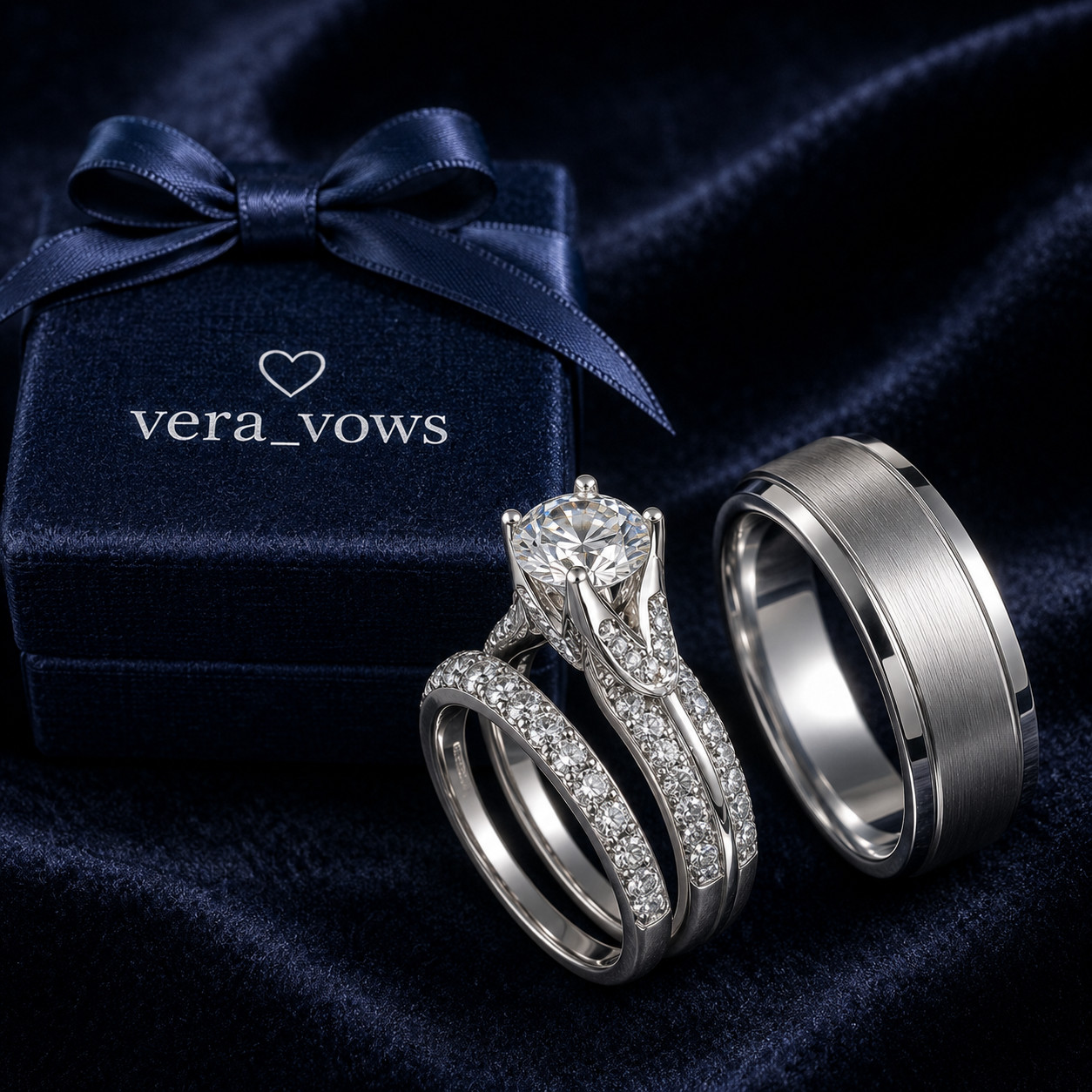 Round Pass Test Trio Ring Attractive 2Ct Moissanite 14k White Gold Plated Set