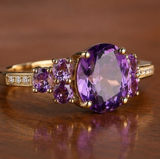 4Ct Oval Purple Amethyst Mossanite Diamond Engageme Ring 14K Yellow Gold Plated
