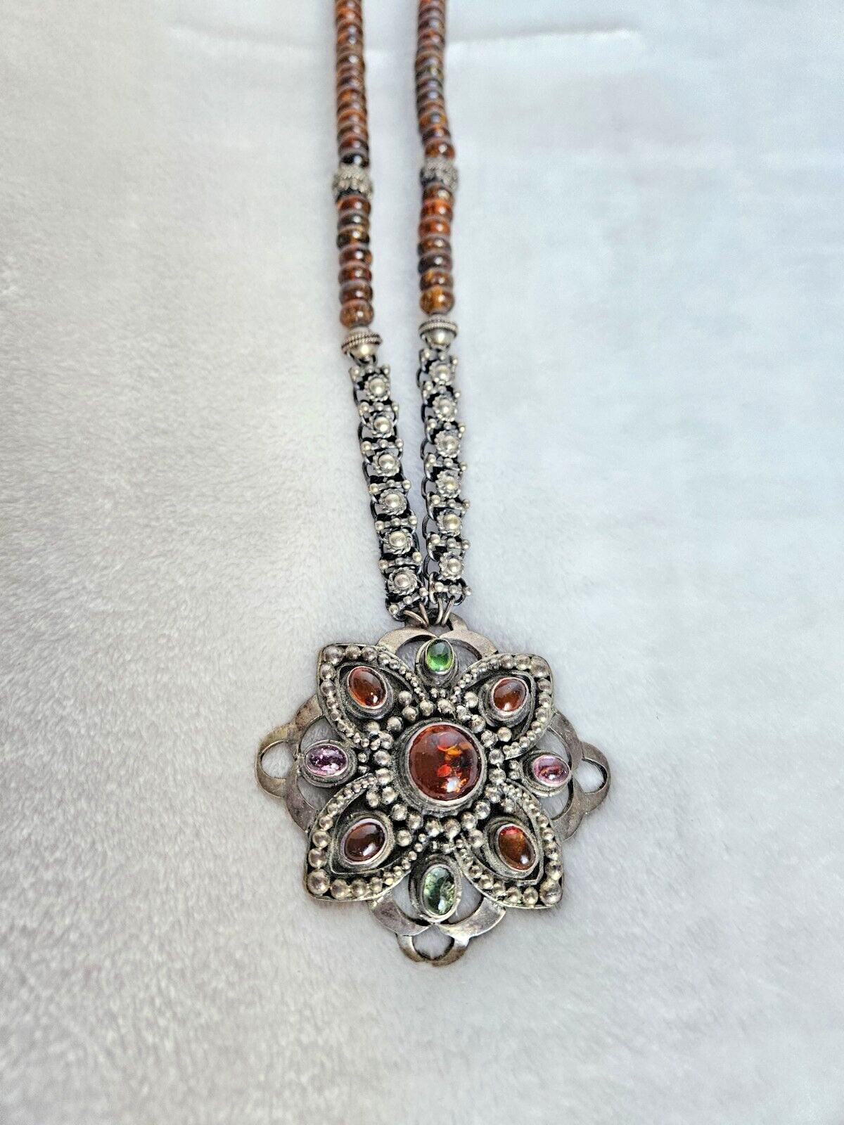 Vintage 925 Solid Sterling Silver Multicolor Amber Large Pendant Necklace