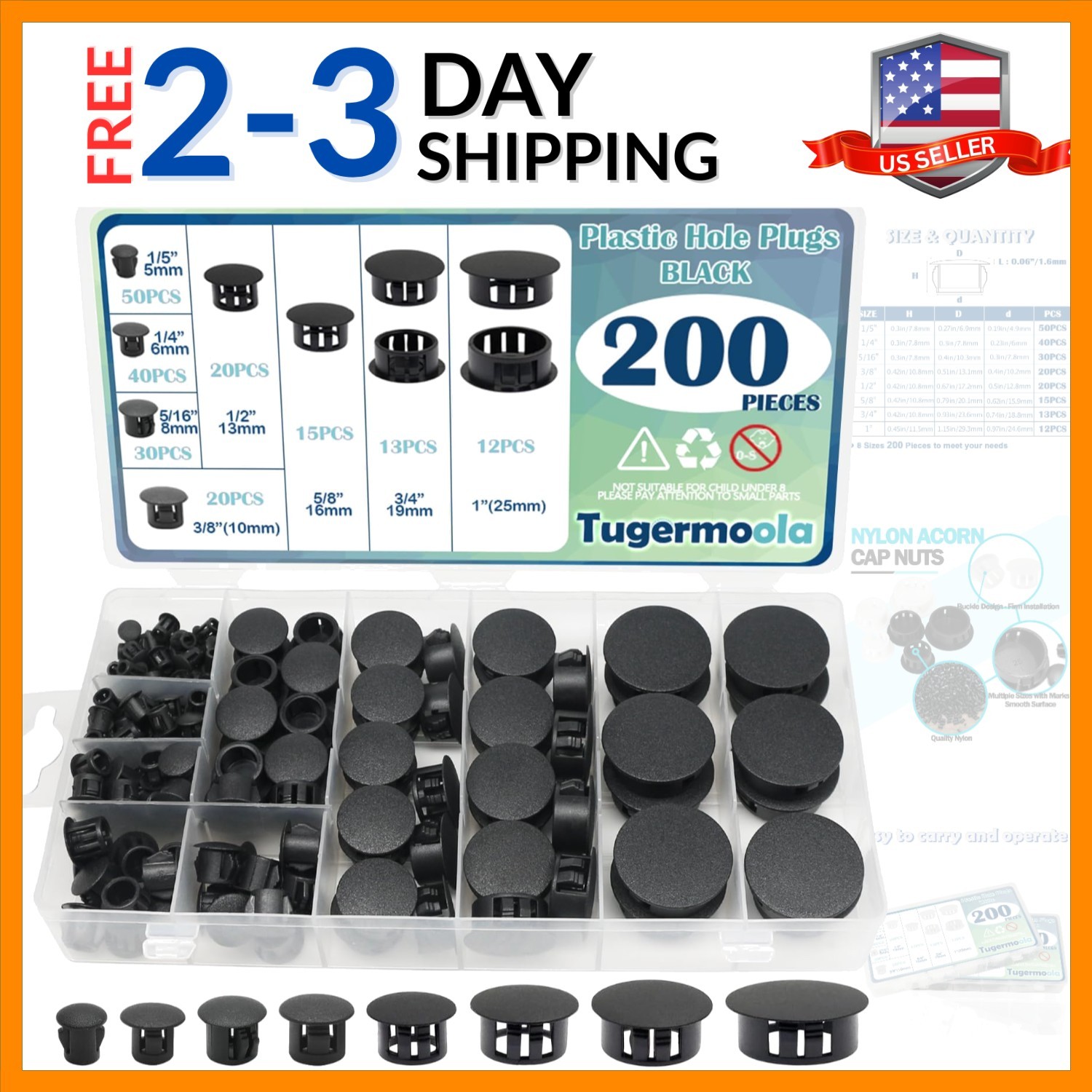 8 Sizes of 200PCS Black Plastic Plug Set for Hole Filling – Easy Use Design
