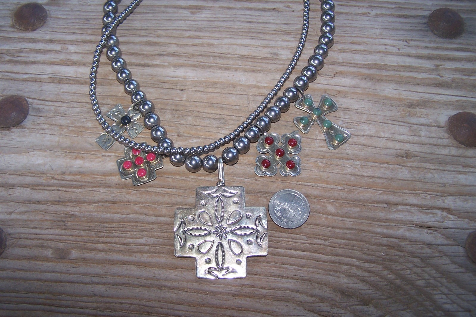 SISSIE AND ME Western Beaded Silver Turquoise Cross Charm Treasure Necklace