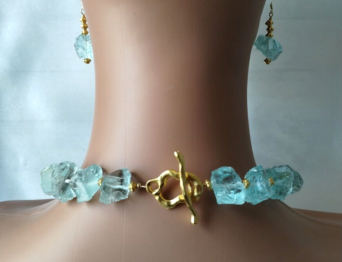 Quartz Nugget Necklace Azul Blue Ocean Gold Statement Chunky Artisan Earring Set