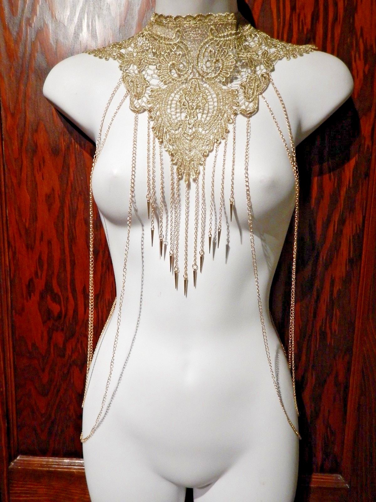 GOLD CHAIN & SPIKES LACE BODY JEWELRY necklace harness yoke choker goddess Z8