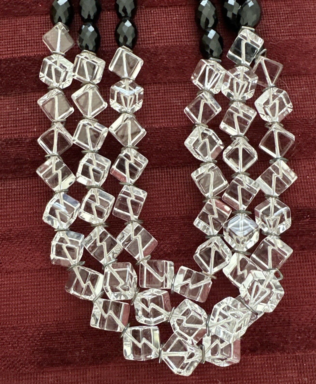 Simon Alcantara Faceted Black Bead Cube Quartz Clear Strand Statement Necklace