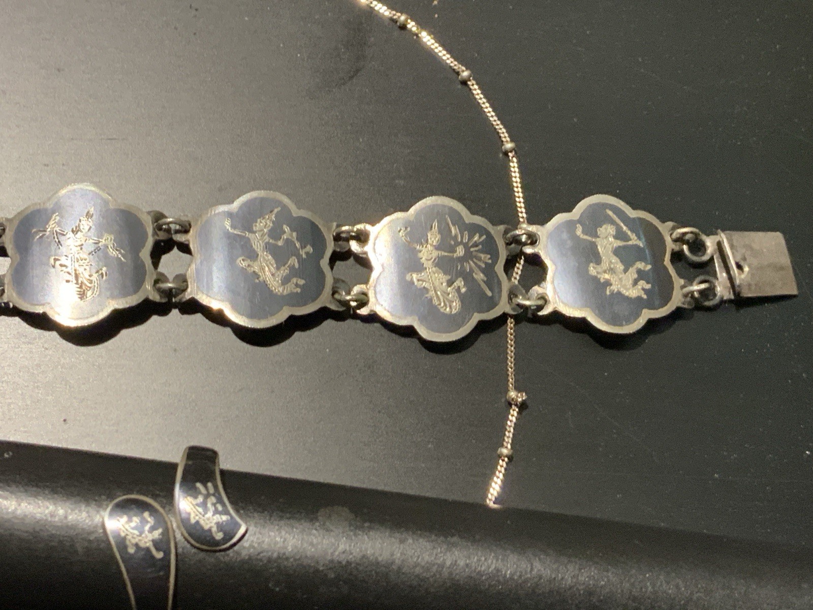 Siam Sterling Niello Set 7” Bracelet, Any Size Ring ,18” Chain With Pendant