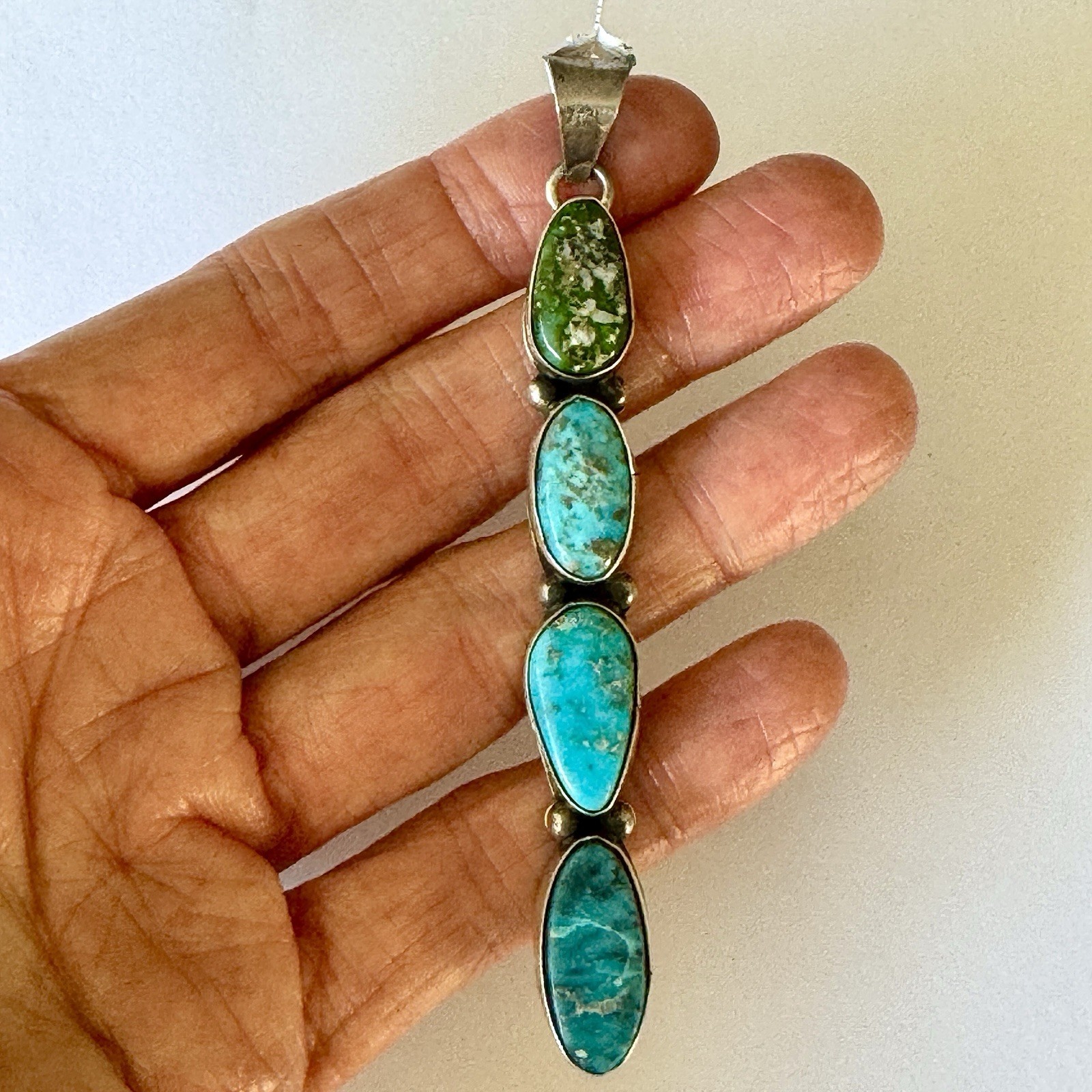 Long Navajo Multi Turquoise Pendant 3.75in Sonoran Gold Sterling Signed T3 Tia