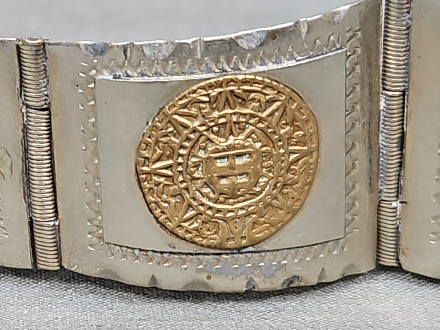 Vintage Alpaca Silver Mexico Two-Tone Mayan Sun Eagle Warrior 6¾” Panel Bracelet
