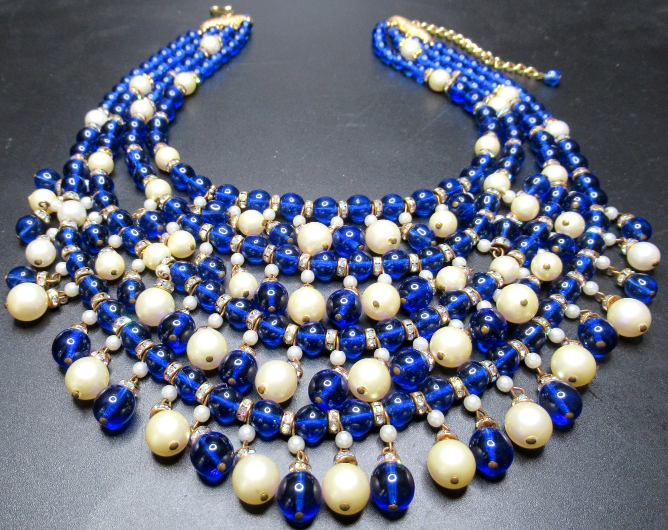 Amazing Cobalt Blue Glass Bead Faux Pearl Rhinestone Rondel Vintage Bib Necklace