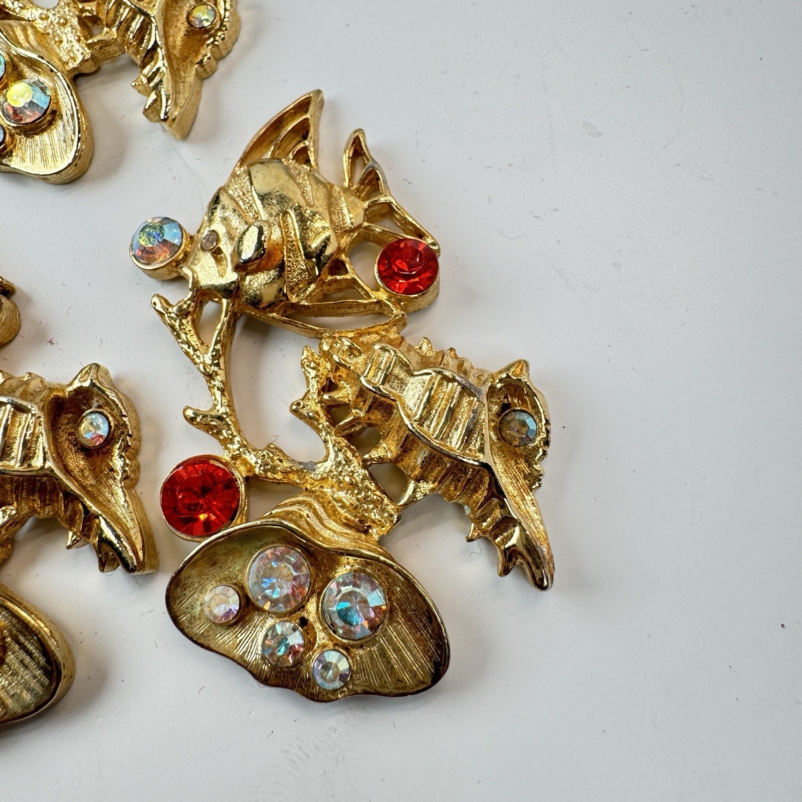 Lot Of 6 VTG Gold Tone Rhinestone Fish Shell Findings Brooch Jewelry Making