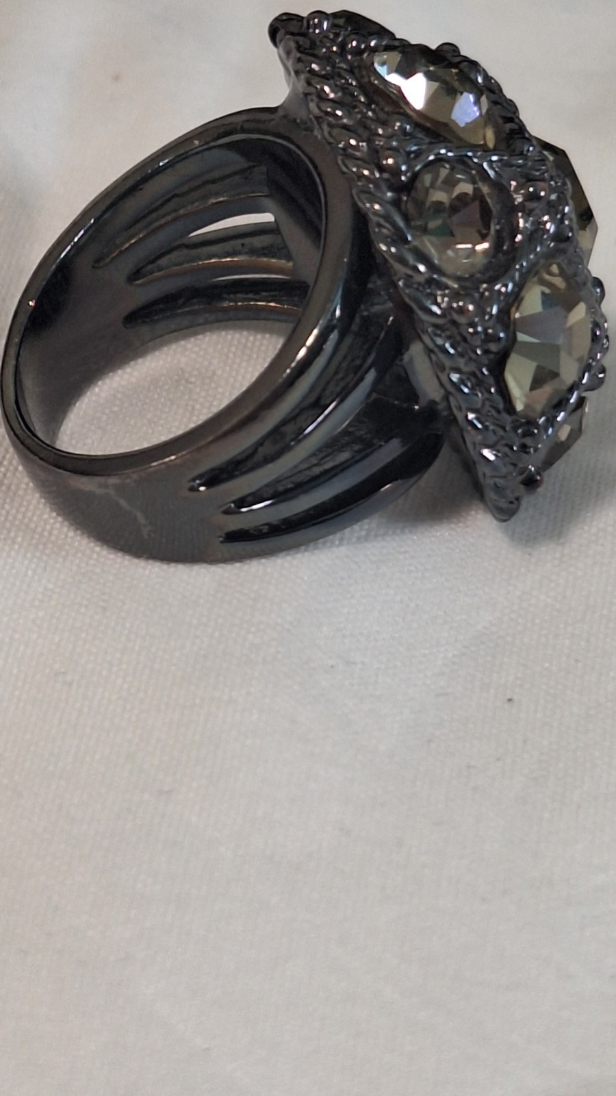 Gunmetal Tone Dome Cluster Cocktail Ring Size 6 Faceted Gray Crystal