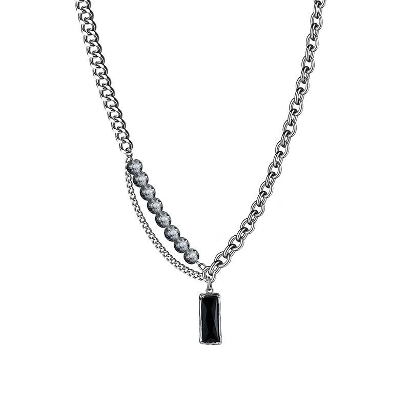 Black White Bead Necklace Stainless Steel Silver Unisex Gothic Y2K Stack Pendant