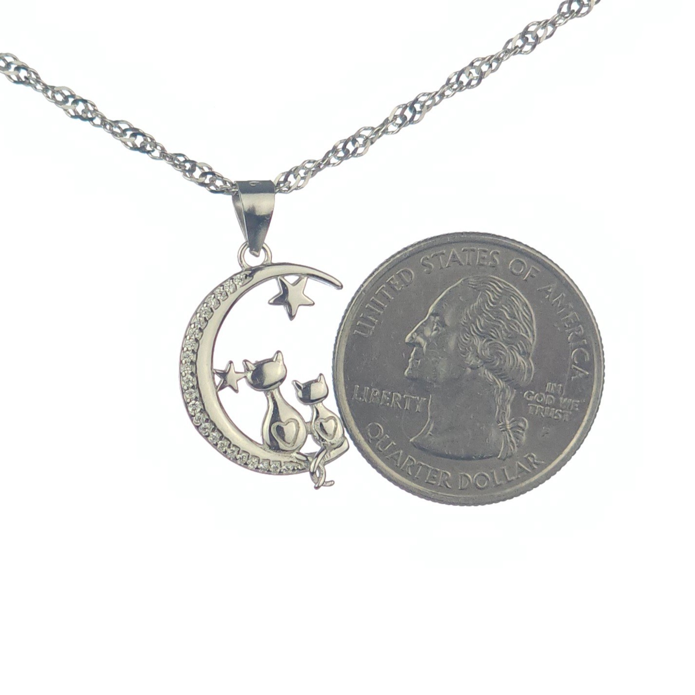Solid 925 Silver Sparkly 2 Cats Crescent Moon Pendant With 20″ Italy Chain, Pave