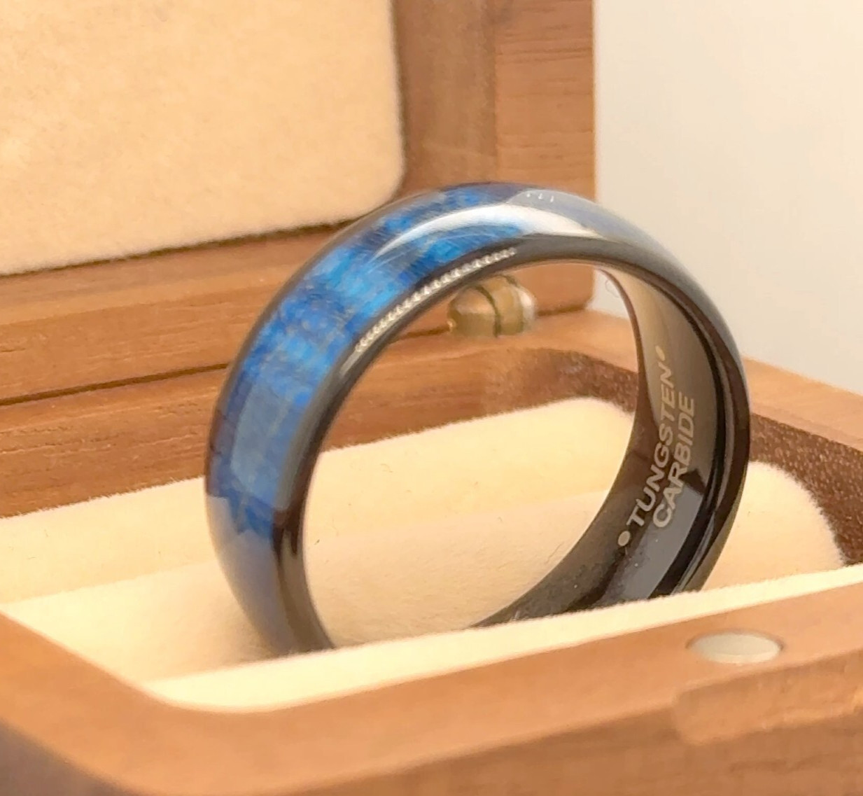 Domed Black Tungsten Wedding Ring – Light Blue Azur Stabilized Wood Inlay Band